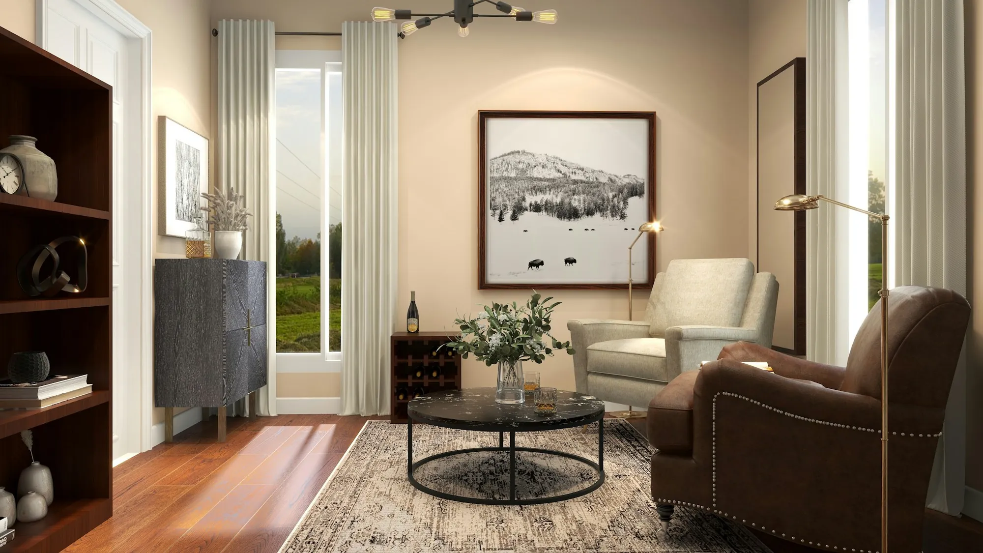 Living room with a leather armchair and framed landscape art